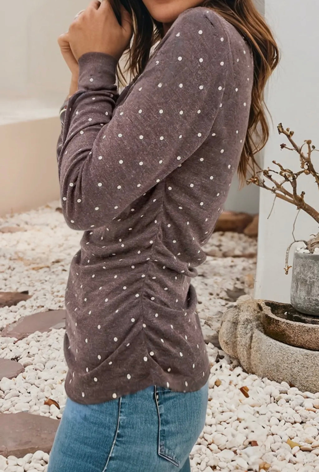 Long sleeve polkadot boat neck knit Tee