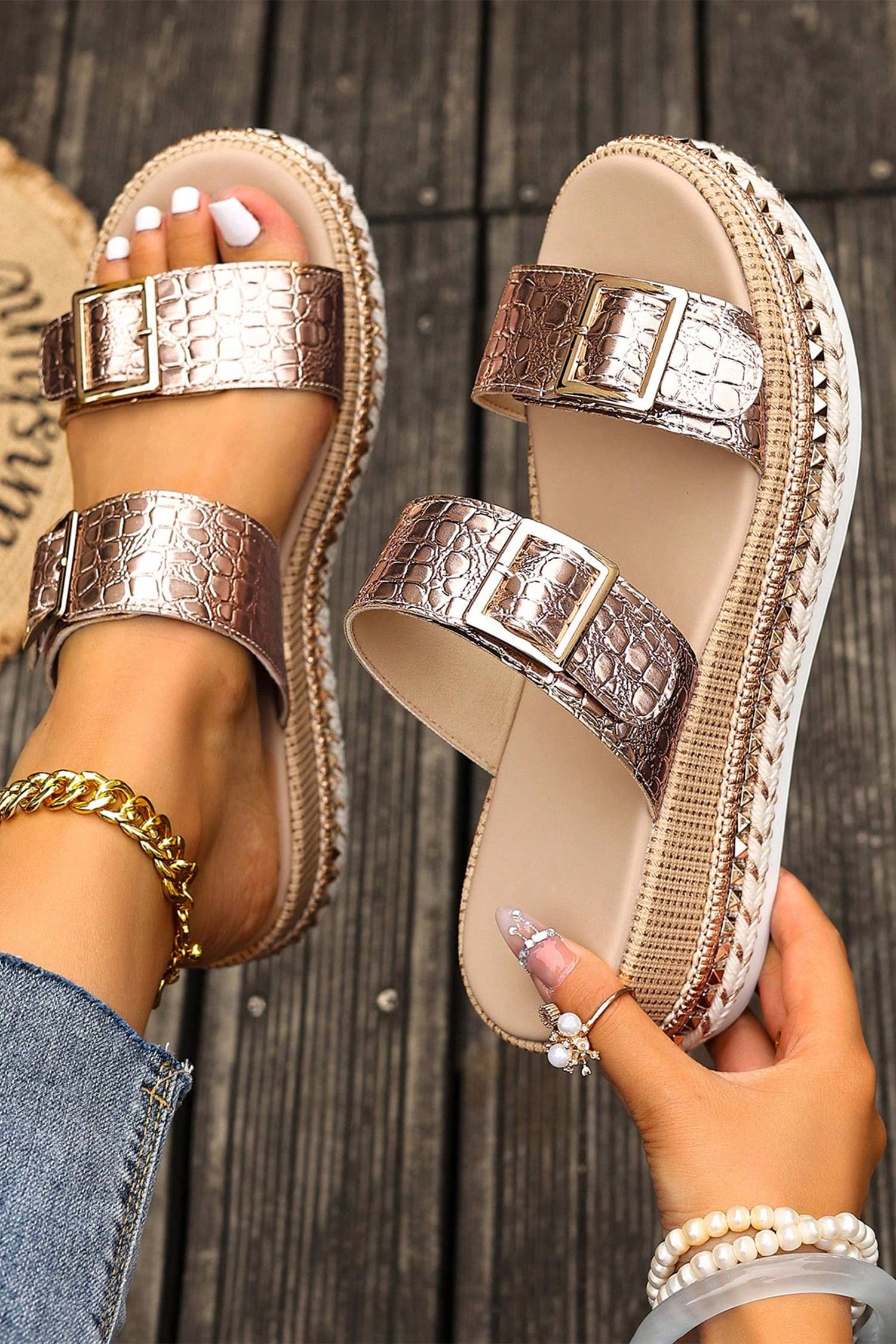 Metallic Textured PU Leather Buckle Wedge Platform Slippers: Gold