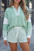 Striped Long Sleeve Two Piece Shorts Set Smoke Green
