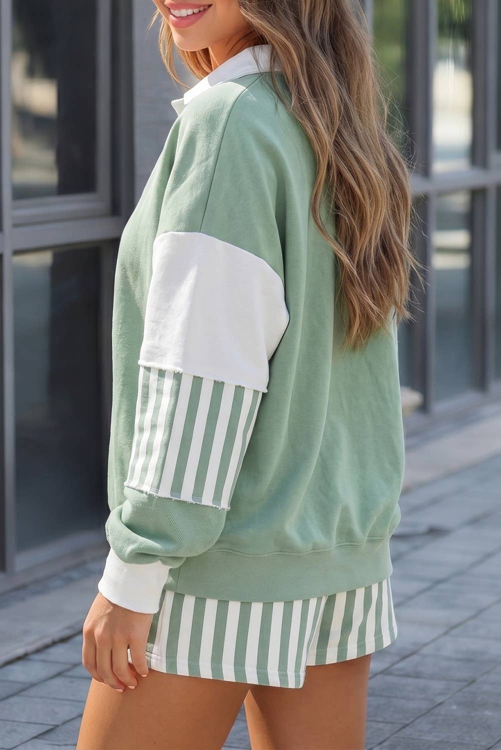 Striped Long Sleeve Two Piece Shorts Set Smoke Green